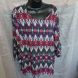 Messini 3/4 Botton Sleeve Tunic Top, Pink,  green, sz L